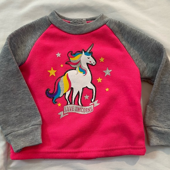 12 MONTH TODDLER BABY GIRL LOVE UNICORNS PINK AND GRAY SWEATSHIRT - Picture 1 of 4